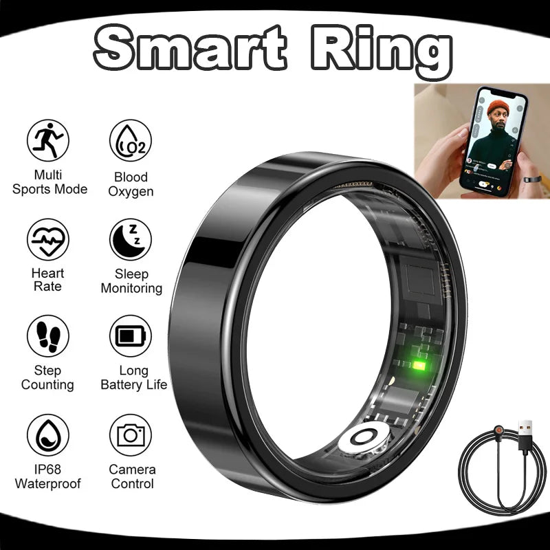 Smart Ring 2026 Men Women New IP68 WaterProof Heart Rate Blood Pressure Blood Oxygen Sleep Monitoring Multi-Sport Mode Smartring Peaceful Pleasures Health and Wellness Black 8