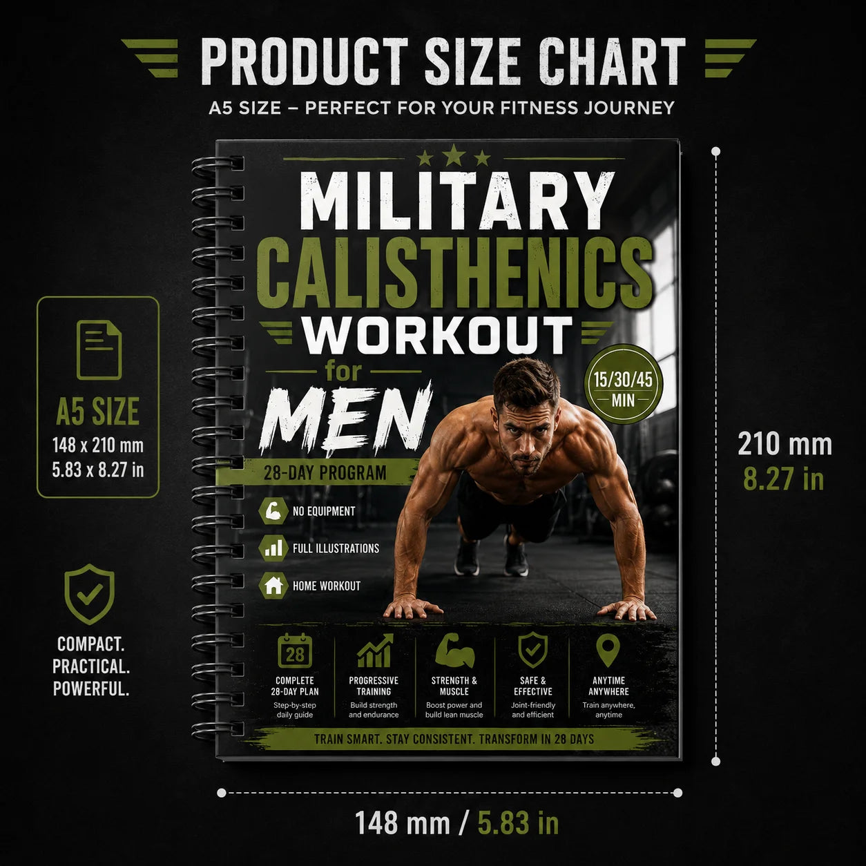 Military-style Calisthenics Workout A5 Spiral Guide Men 28-Day
