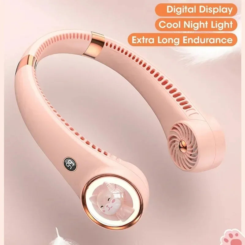 Bladeless Cute Cat Neck Fan USB Rechargeable Mini with Digital Display 2000mAh Battery for Outdoor Travel Peaceful Pleasures Health and Wellness