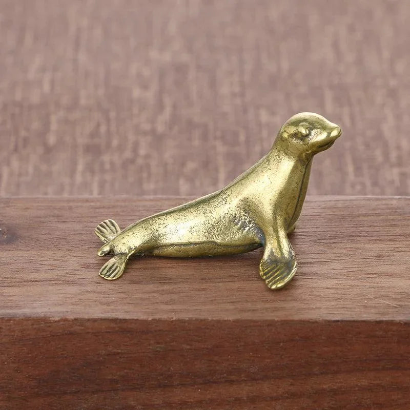 Brass Sea Seal Figurine Retro Mini Animal Ornament Desktop Craft Home