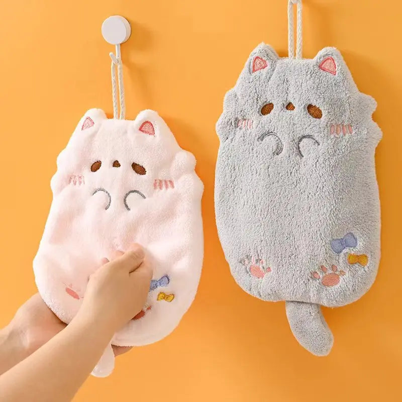 Cute Cartoon Cat Hanging Hand Towel Coral Fleece Non-shedding Thick Cloth High Appearance Level Kitchen Bathroom Absorbent Towel Peaceful Pleasures Health and Wellness