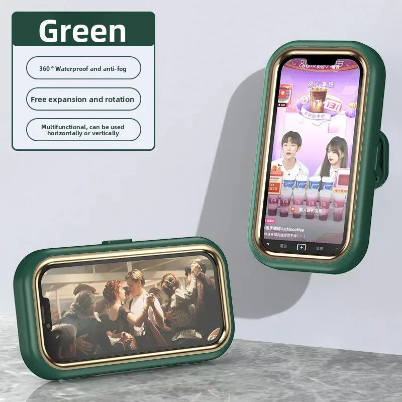 Waterproof mobile phone box with 360° rotation punch free bathing artifact anti fog mobile phone box for kitchen wall waterproof Peaceful Pleasures Health and Wellness Green