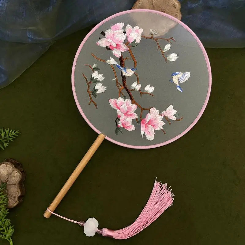Su Embroidery Silk Round Hand Fan – Wooden Handle & Tassel