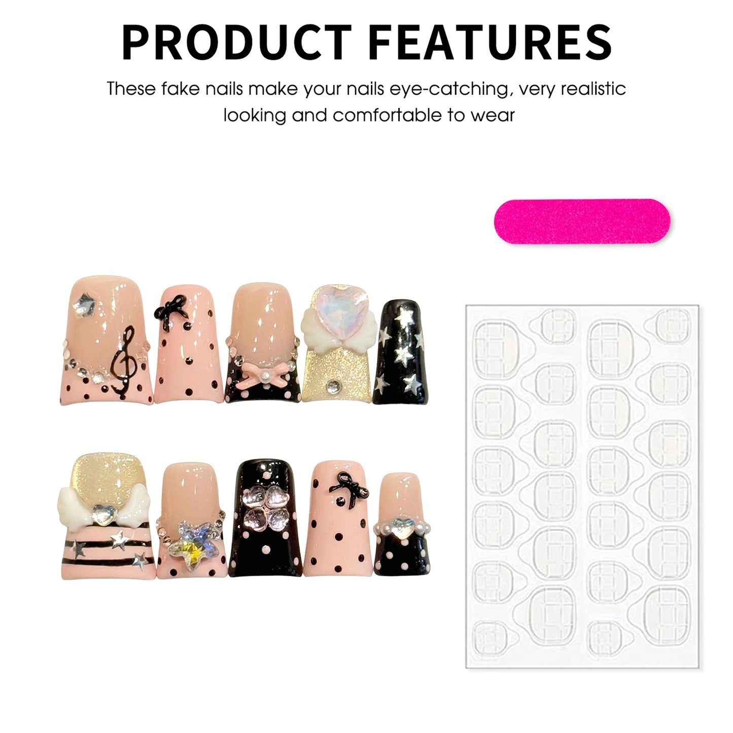 Y2K Duckbill Press On Nails – Polka Dot & Music Notes Design