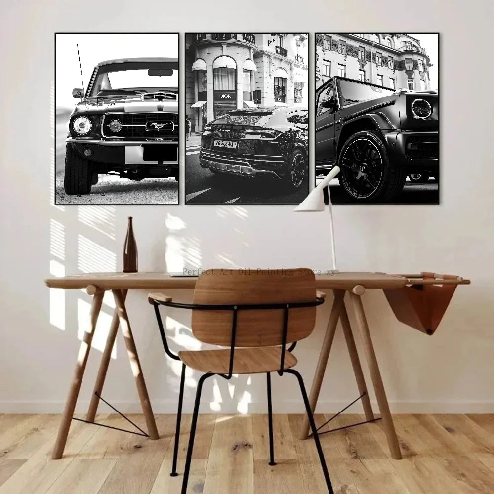1PC Simple Black And White Luxury Car Poster Home Living Room Bar Restaurant Art Decoration Painting Peaceful Pleasures Health and Wellness