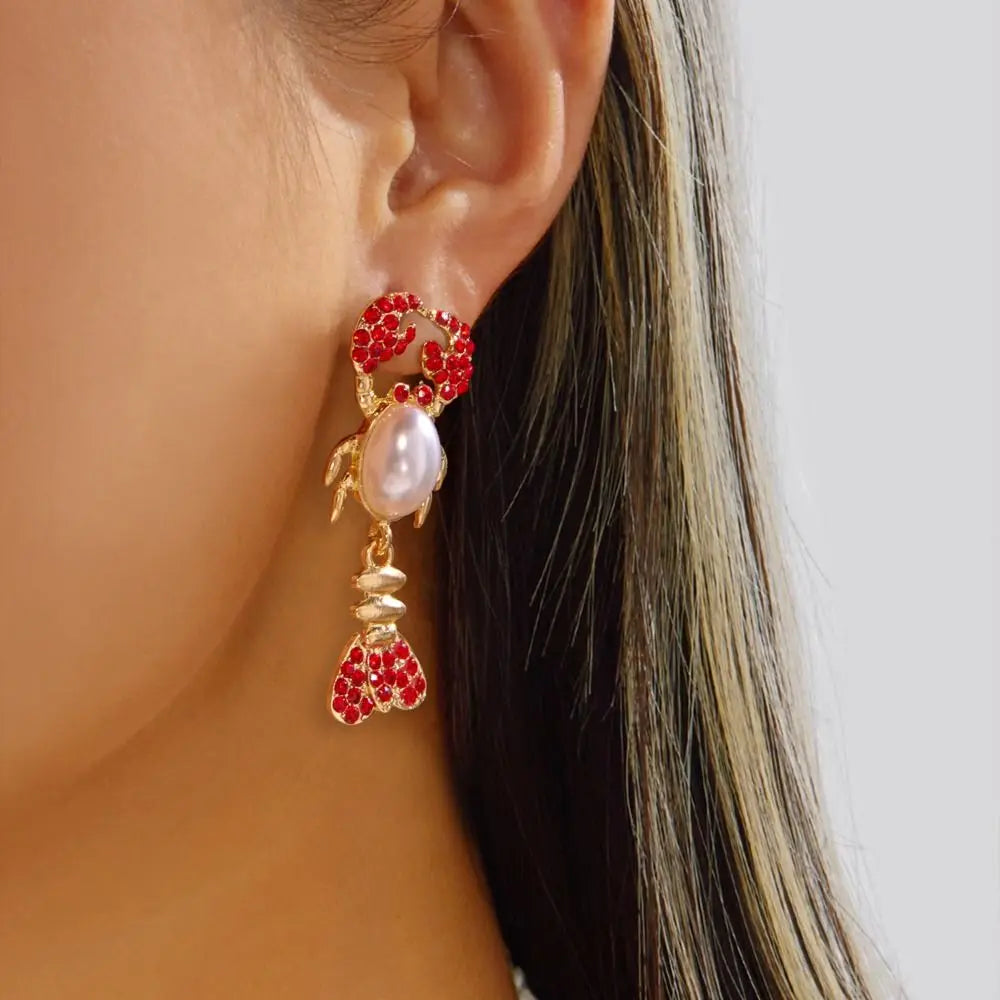 Lobster Drop Earrings – Enamel & Crystal Zircon Ocean Jewelry