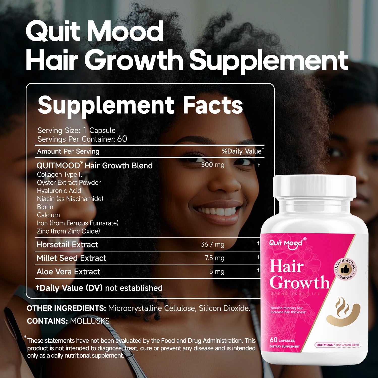 Quit Mood Hair Growth Capsules | QUITMOOD® Blend with Collagen Type II & Biotin | 60 Capsules, 30-Day Supply for Thicker Hair Peaceful Pleasures Health and Wellness
