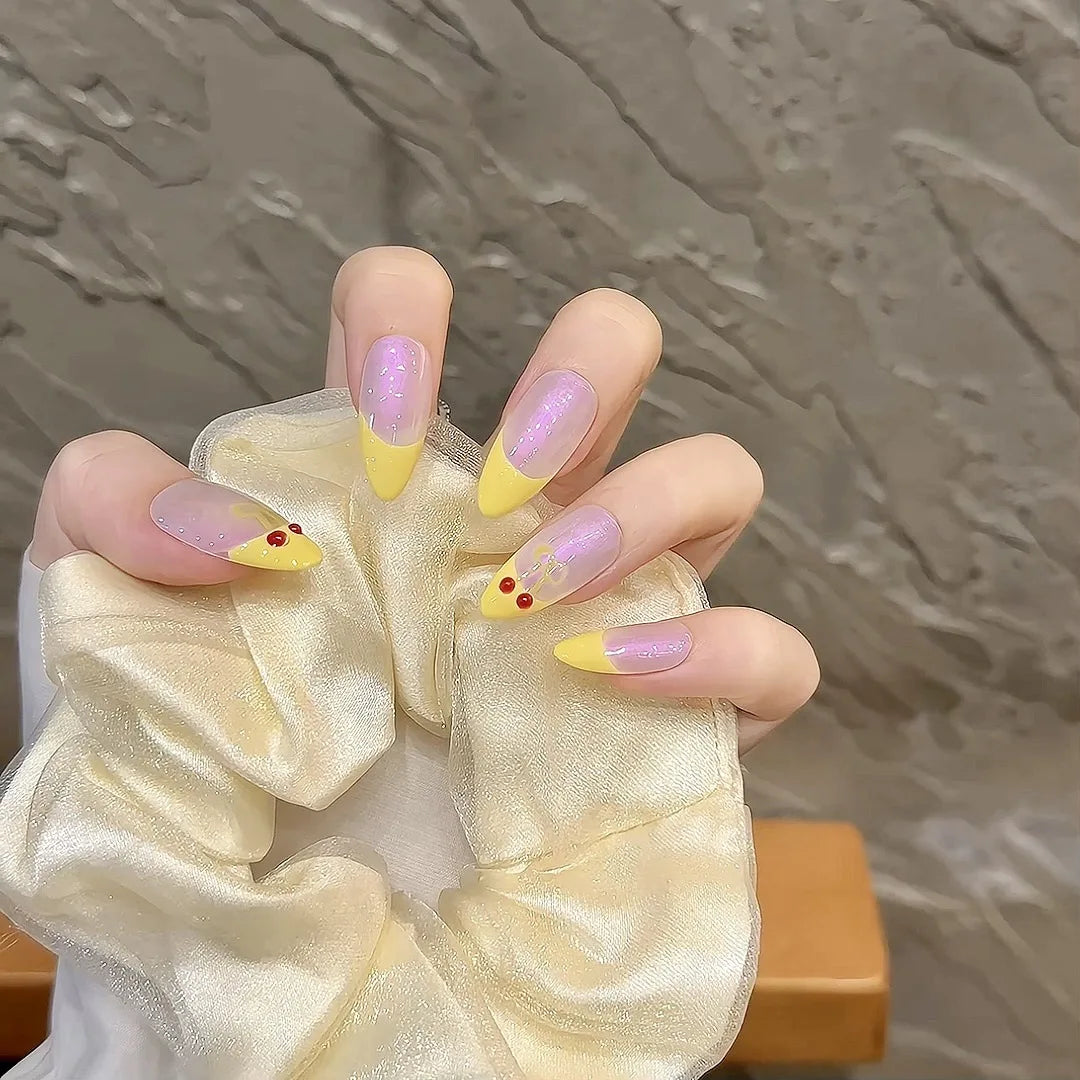 Handmade Press on Nails Cute Bear Fake Nails 3D Strawberry Design Sweet Yellow French False Nails Girl Lady Wearable Full Cover Peaceful Pleasures Health and Wellness