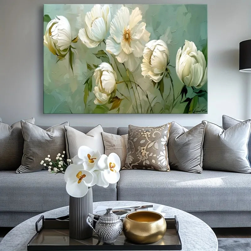 Chic White Floral Canvas Art Print Frameless for Bedroom, Living Room, Home Office Decor | Modern French Country Style Wall Art Peaceful Pleasures Health and Wellness