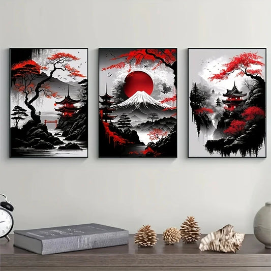 Landscape Canvas Painting Black And Red Posters Vintage Ink Art Wall Prints For Living Room Home 3pcs Frameless Japanese Natural Peaceful Pleasures Health and Wellness