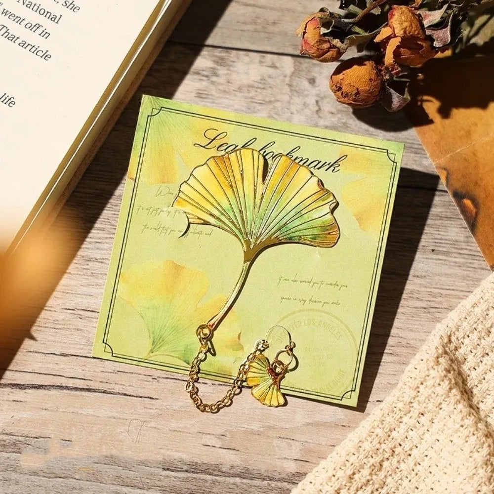 Creative Gift Gilt-Edged Metal Bookmark Pendant Design Exquisite Craft Leaf Bookmark Reading Bookmark School Supplies Peaceful Pleasures Health and Wellness Ginkgo