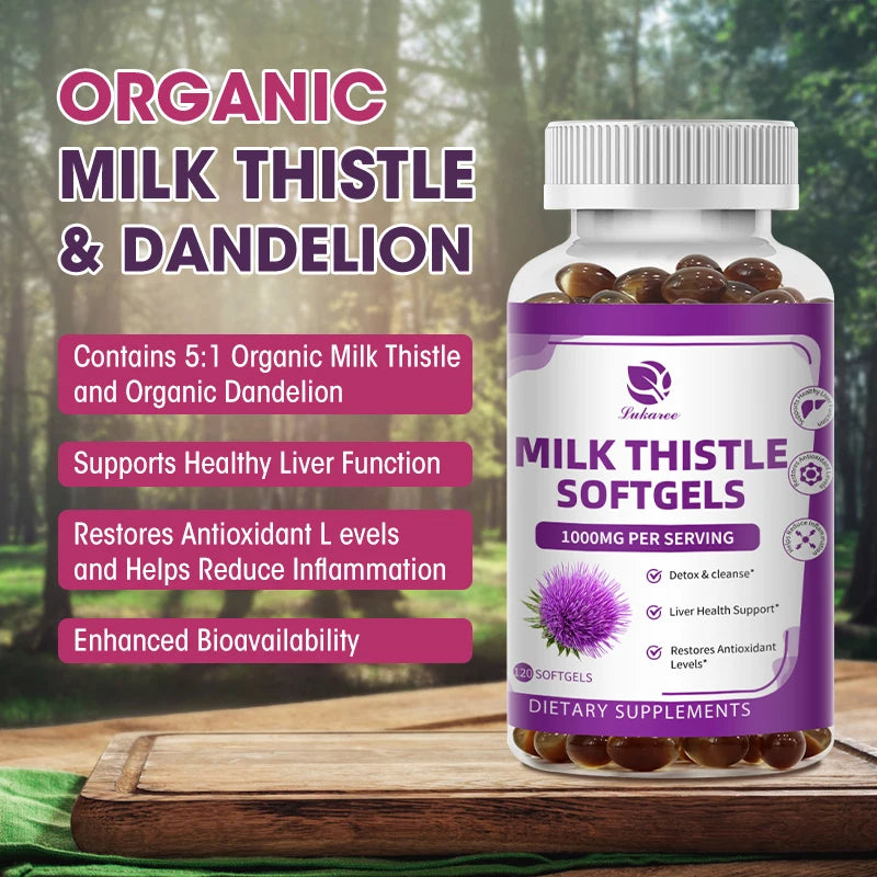 Milk Thistle Softgels bottle with greenery in the background