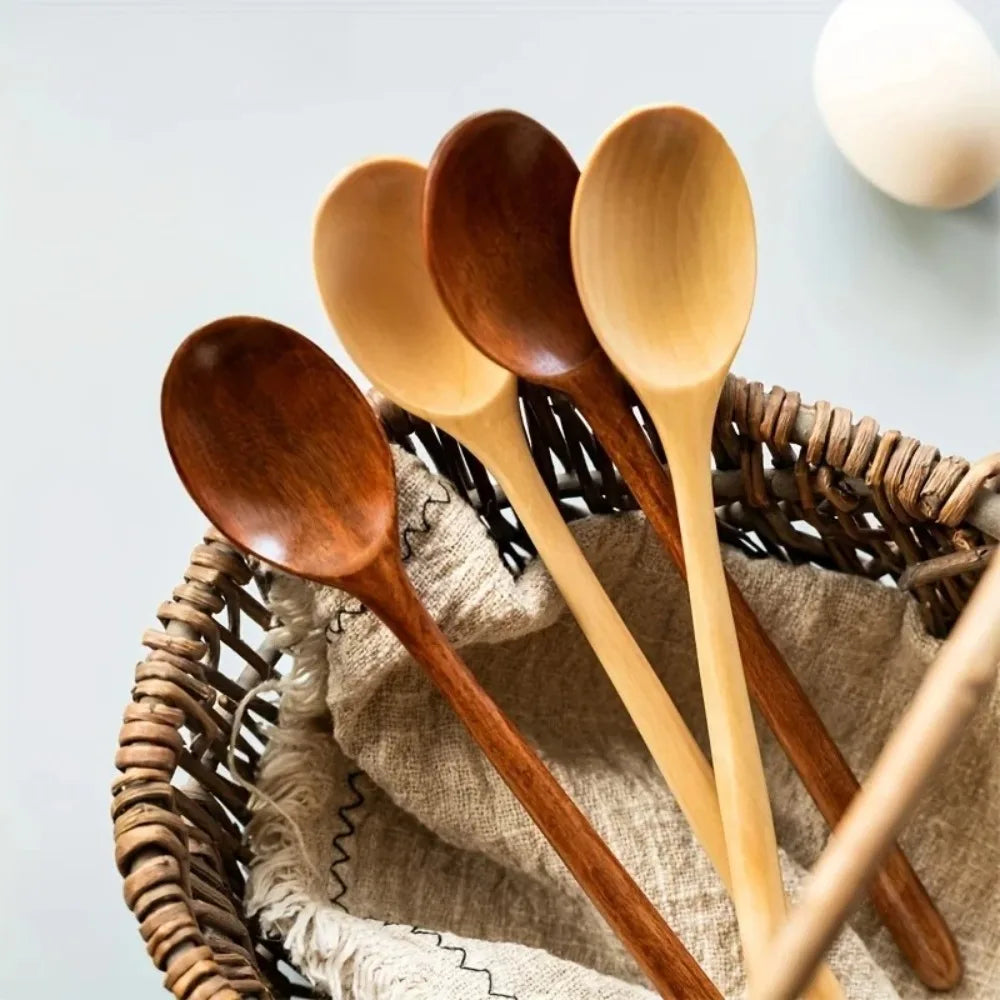1/2/5pcs Wooden Long handle Spoon Kitchen Natural exquisite Wooden soup spoon Tableware Cooking Honey Coffee Spoon Mixing Spoon Peaceful Pleasures Health and Wellness