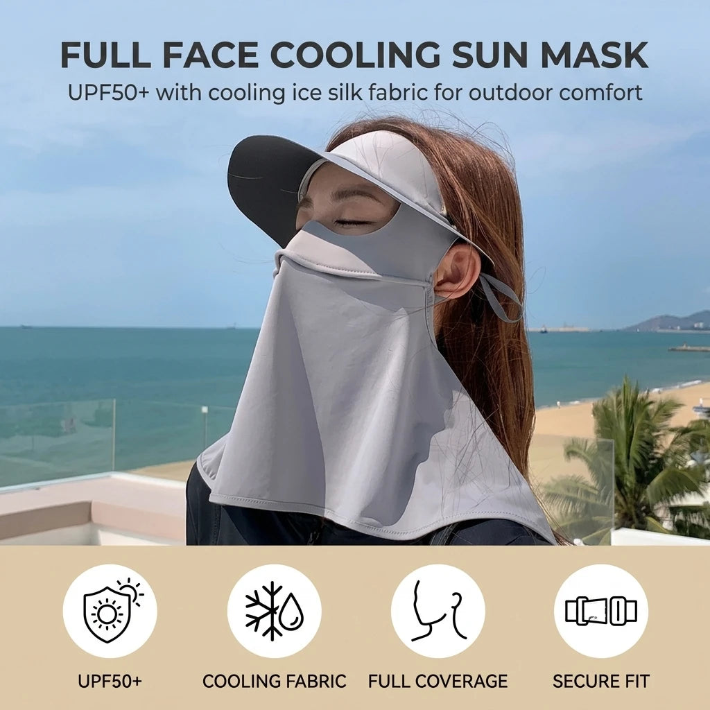 Full Face Sun-Protection Mask With Black Glue Brim Ice Silk Fabric UPF50+ For Outdoor Activities Peaceful Pleasures Health and Wellness