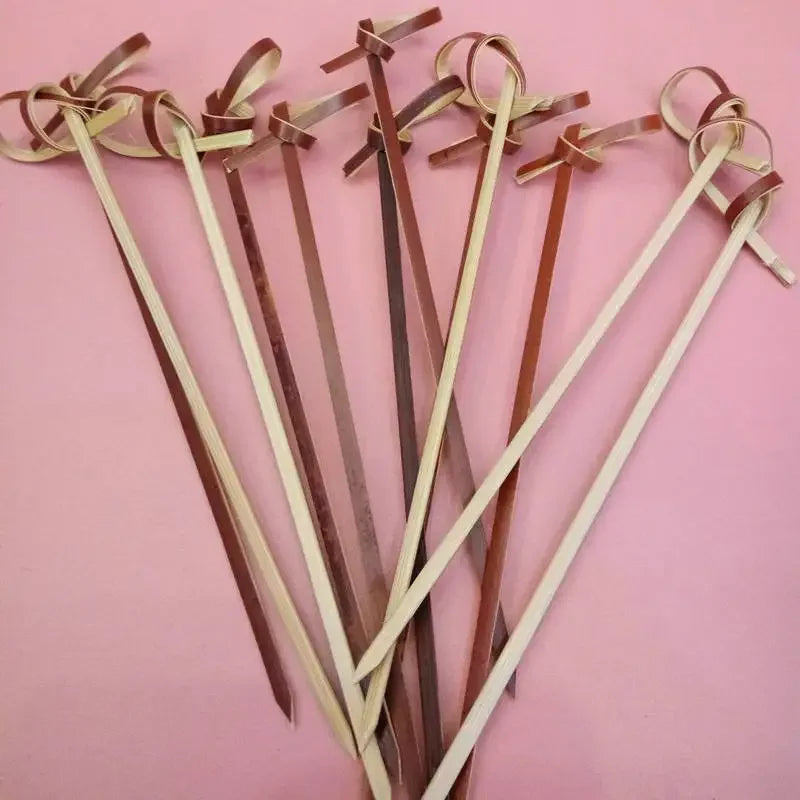 100Pcs Disposable Bamboo Tie Knotted Skewers Twisted Ends Cocktail Food Fruit Picks Fork Sticks Buffet Cupcake Topper Peaceful Pleasures Health and Wellness Red-9cm