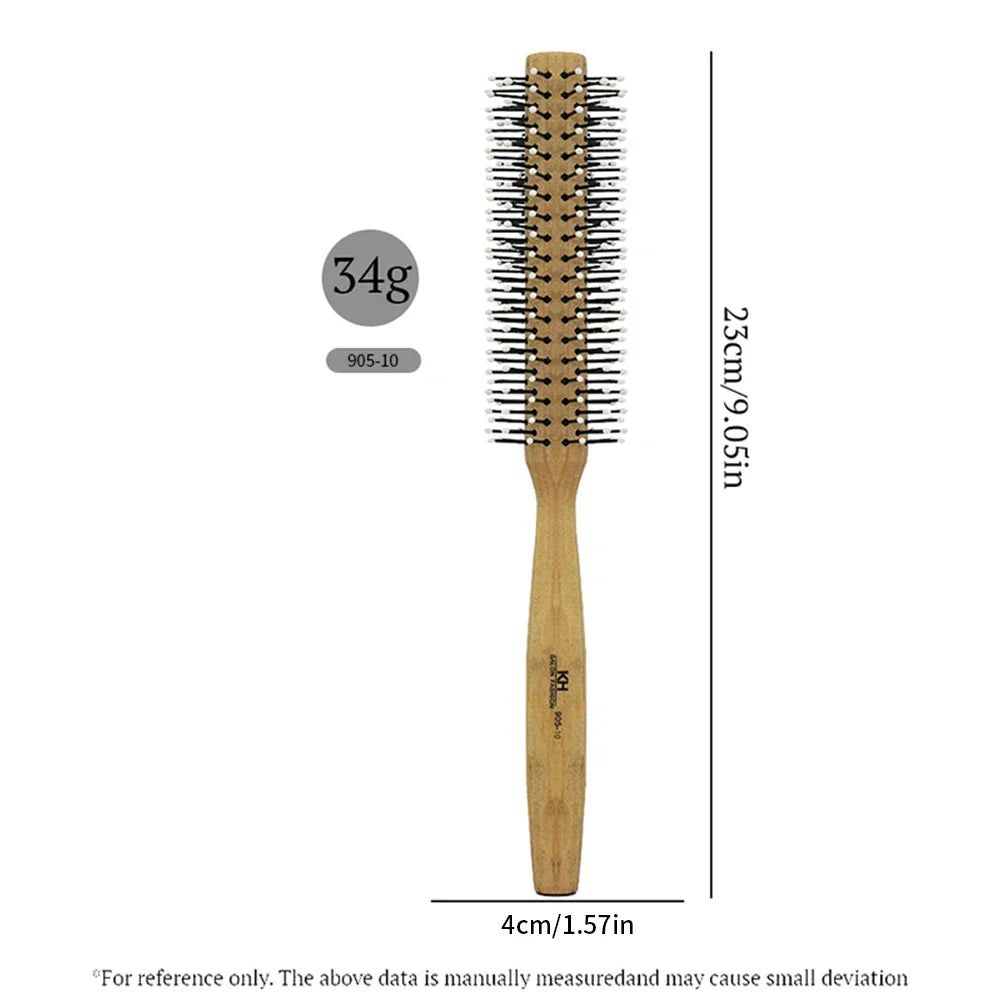 Natural Wood Round Barrel Hair Comb – Anti-Static Brush