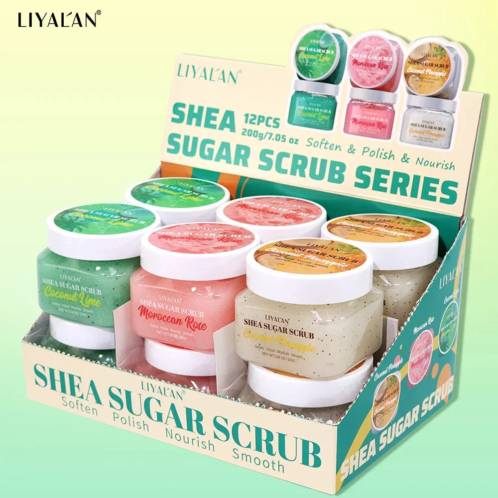 Shea Sugar Body Scrub Set – 12pcs Fruity Exfoliating Bath Scrub Peaceful Pleasures Health and Wellness