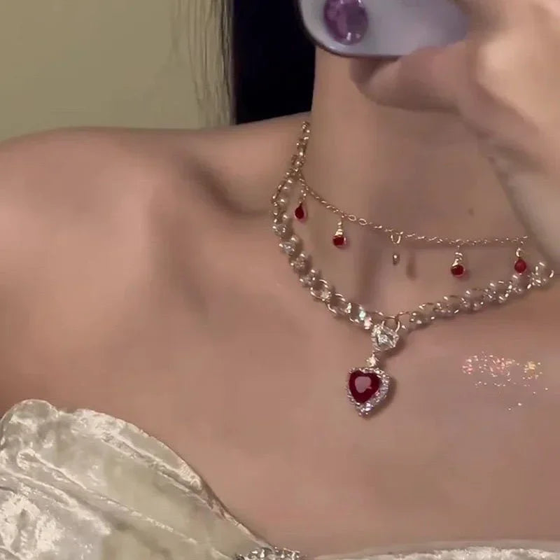 Red Heart-shaped Pearl Double-layered Necklace Creative Princess's Necklace Light Luxury and High-end New Year Collarbone Chain Peaceful Pleasures Health and Wellness