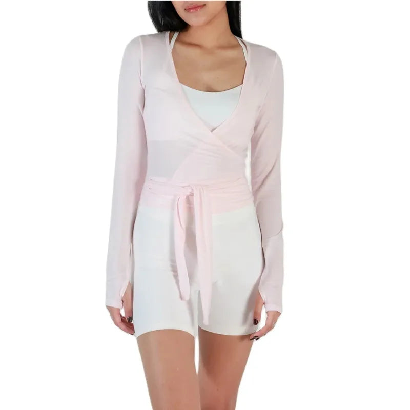 Women's Wrap Tie Front V-Neck Long Sleeve Yoga Sports Top