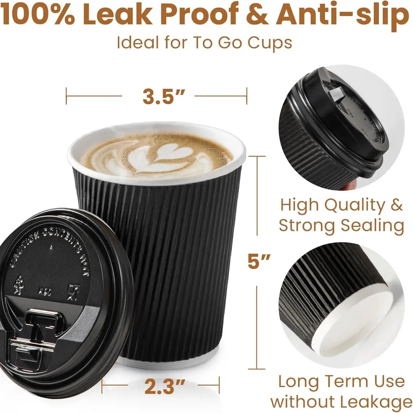 12OZ Black Disposable Coffe Cups with Lids Corrugated Triple Wall To Go Hot Cups Insulated Paper Cups for Hot Drinks Home Office Peaceful Pleasures Health and Wellness Black 50pcs