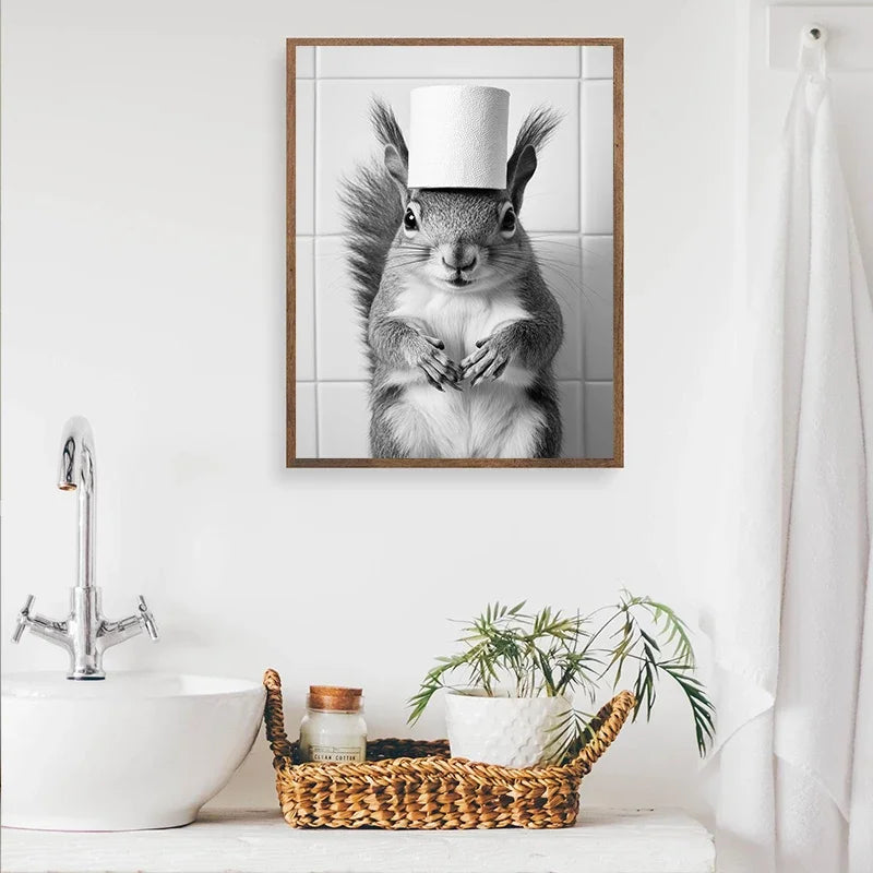 Black & White Cute Animal Toilet Paper Canvas Wall Art Poster