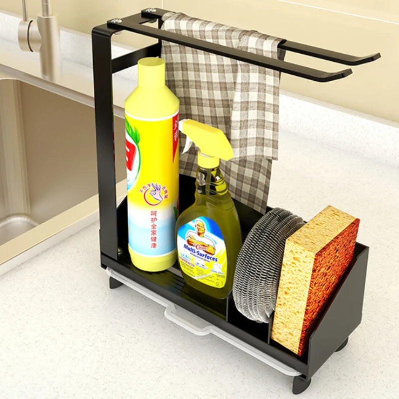 Black Sink Drain Rack – Sponge & Rag Holder with Drip Tray