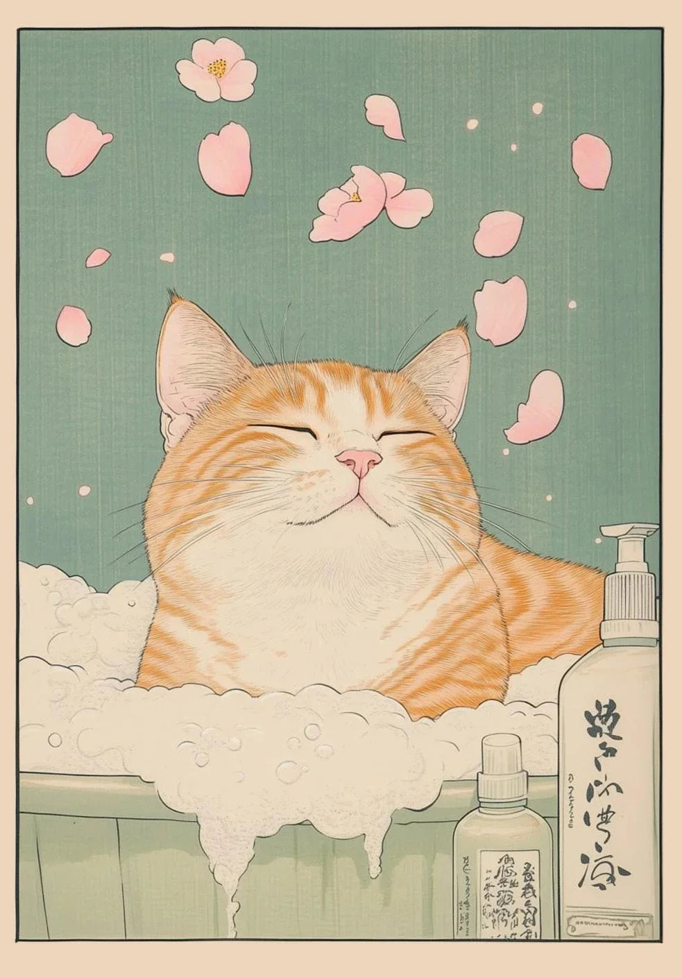 Japanese Tabby Cat in Bathtub Poster Prints Canvas Painting Retro Aesthetic Wall Art Picture Japandi Bathroom Toilet Home Decor Peaceful Pleasures Health and Wellness ZLH5531 100x150cm No Frame