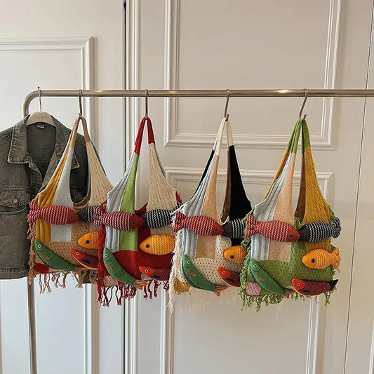 Tassel Knit Fish Tote Bag – Cute Casual Shoulder Handbag Knit Tote Bag Oasis Select