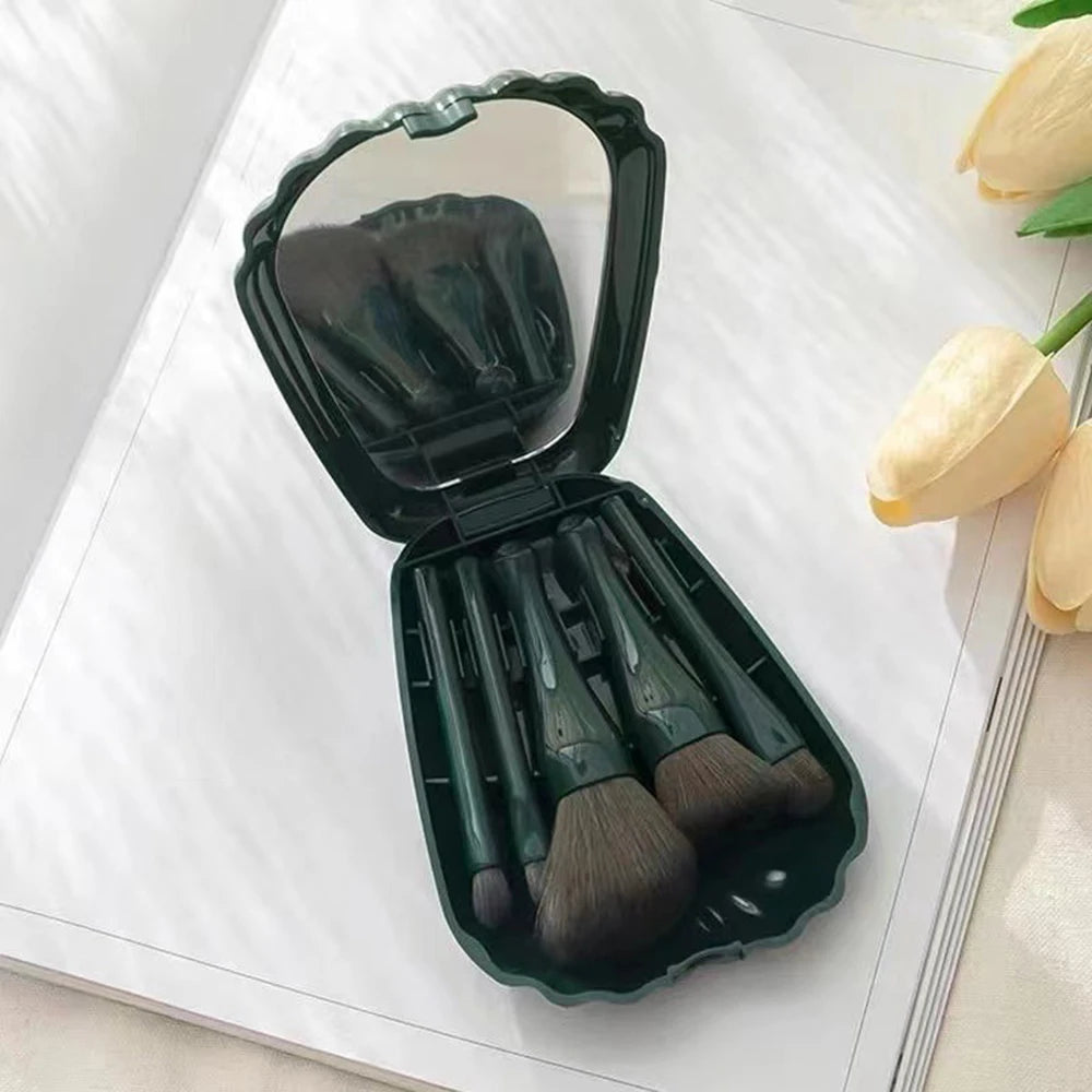 5Pcs Shell Makeup Brush Set with Mirror, Portable Travel Cosmetic Brushes, Powder Blush Eyeshadow Makeup Brushes Kit, Full Beaut Peaceful Pleasures Health and Wellness green