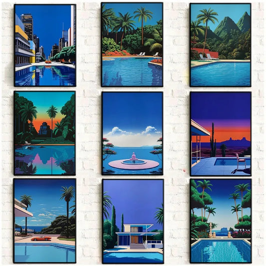 Vintage Hiroshi Nagai Pop Poster Retro 80's Beach Summer Pool Surrealism Canvas Painting Wall Art for Living Room Home Deco Peaceful Pleasures Health and Wellness