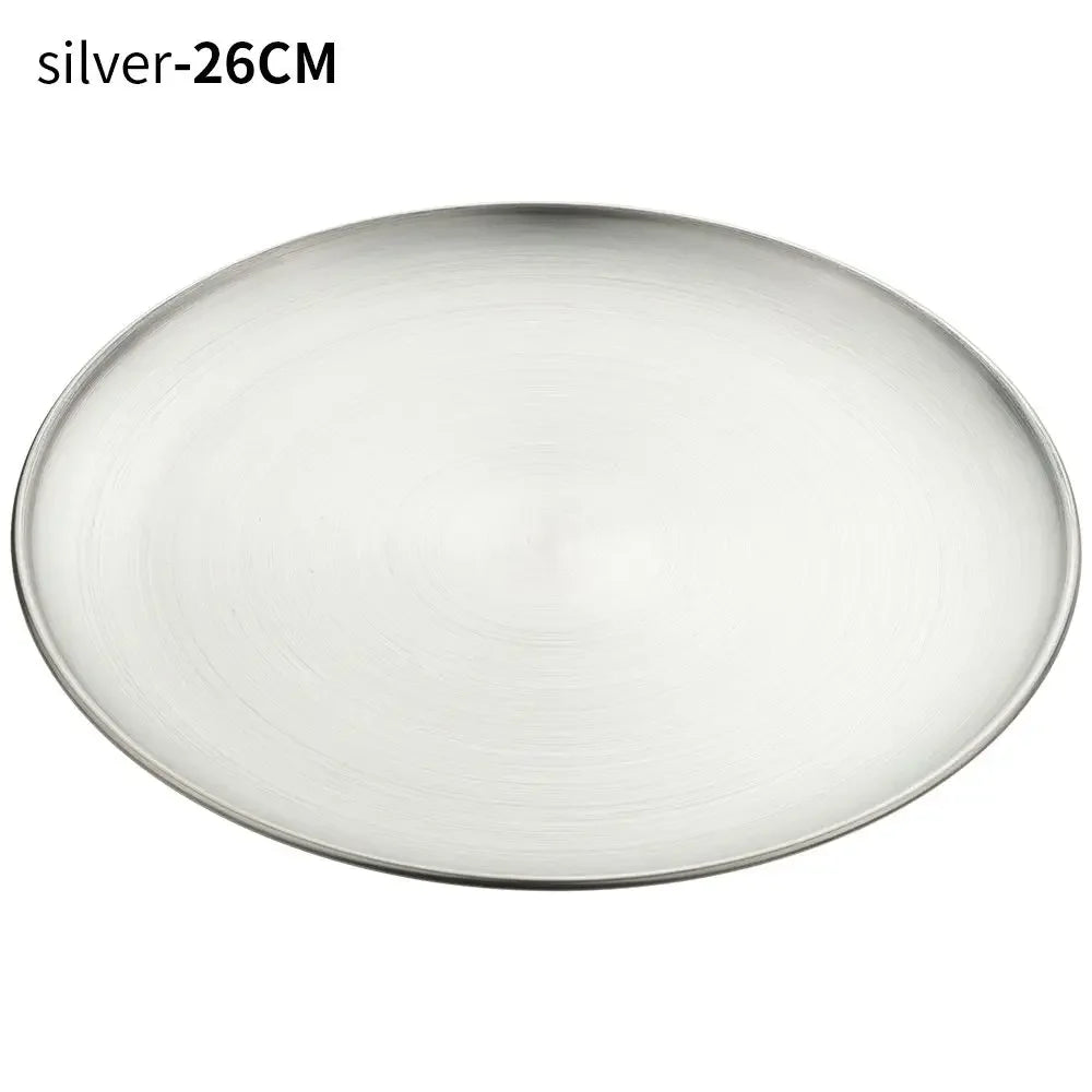 European Style Stainless Steel Dinner Plates Barbecue Serving Dishes Round Tray Western Steak Kitchen Restaurant Storage Tray Peaceful Pleasures Health and Wellness silvery 17CM