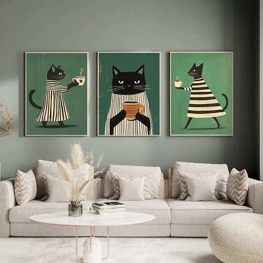 3-Piece Black Cat Coffee Canvas Wall Art | Minimalist Home Décor Canvas Wall Art Set Peaceful Pleasures Health and Wellness G4569-3pcs 40x50cm Unframed