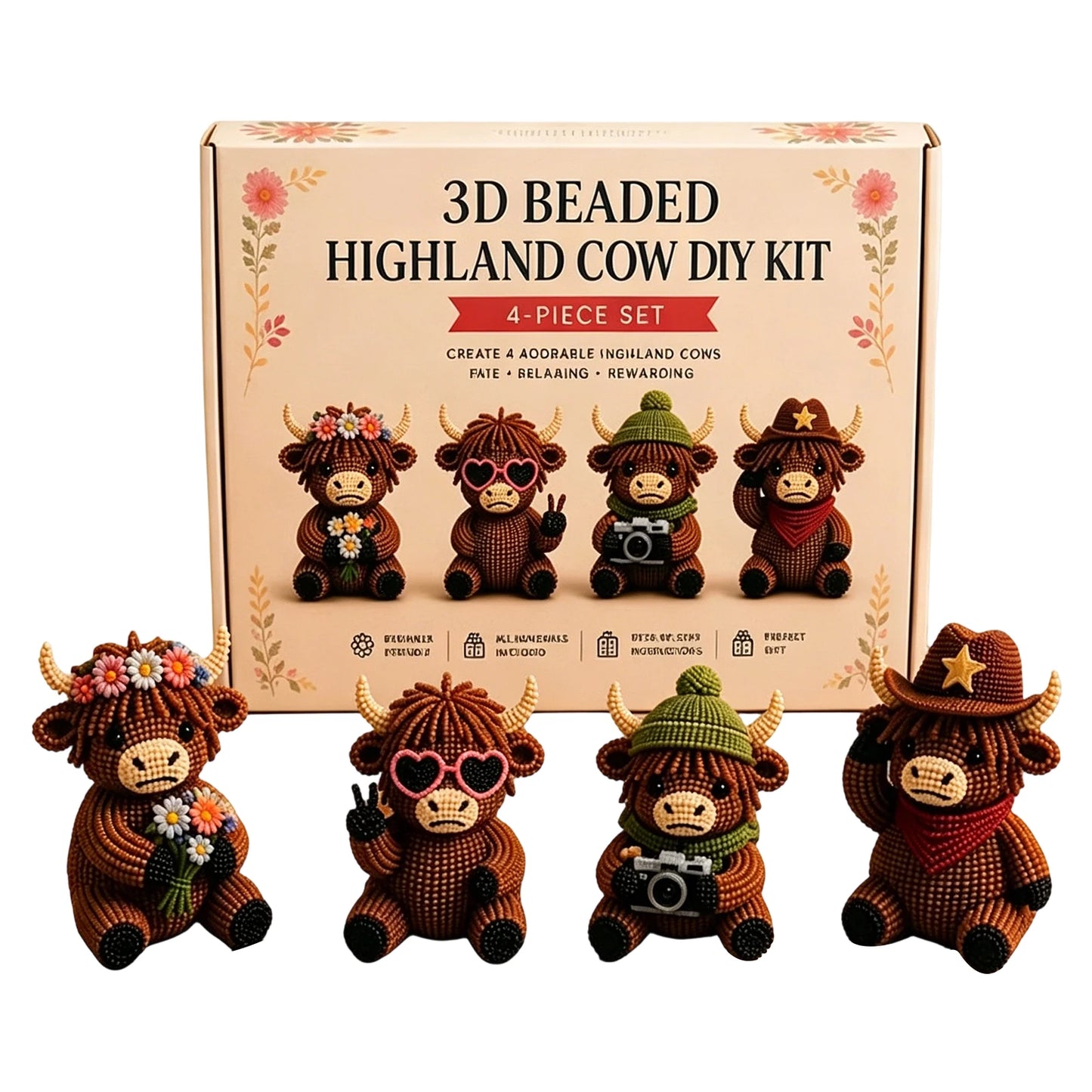 3D DIY Beaded Animal DIY Kit 4PCS Cute Highland Cow Beading Craft Set Animal Beading Kit Gift for Beginners & Craft Enthusiasts Peaceful Pleasures Health and Wellness B