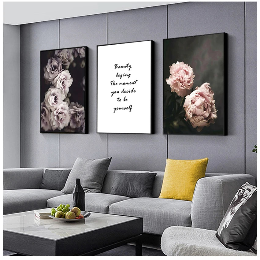 Pink Peony Floral Girl Footprints Canvas Wall Art Unframed