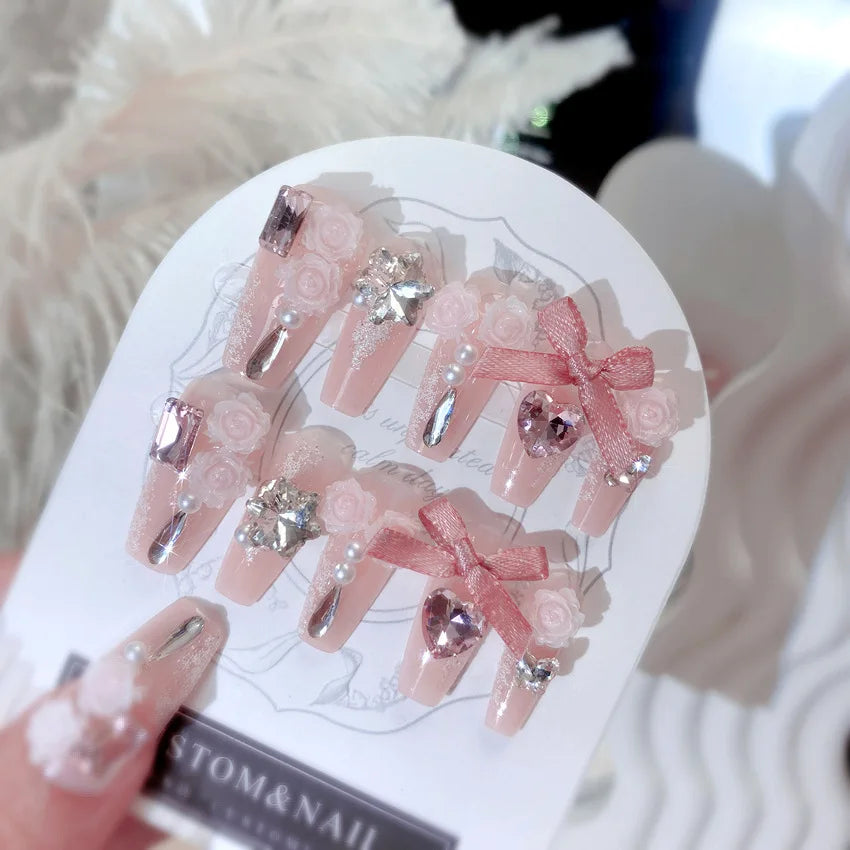 24pcs Sweet Cute Bow False Nails with Pink Crystal Design Korean Fake Nail Tips for Girl Lady Wearable Full Cover Press on Nails Peaceful Pleasures Health and Wellness 18