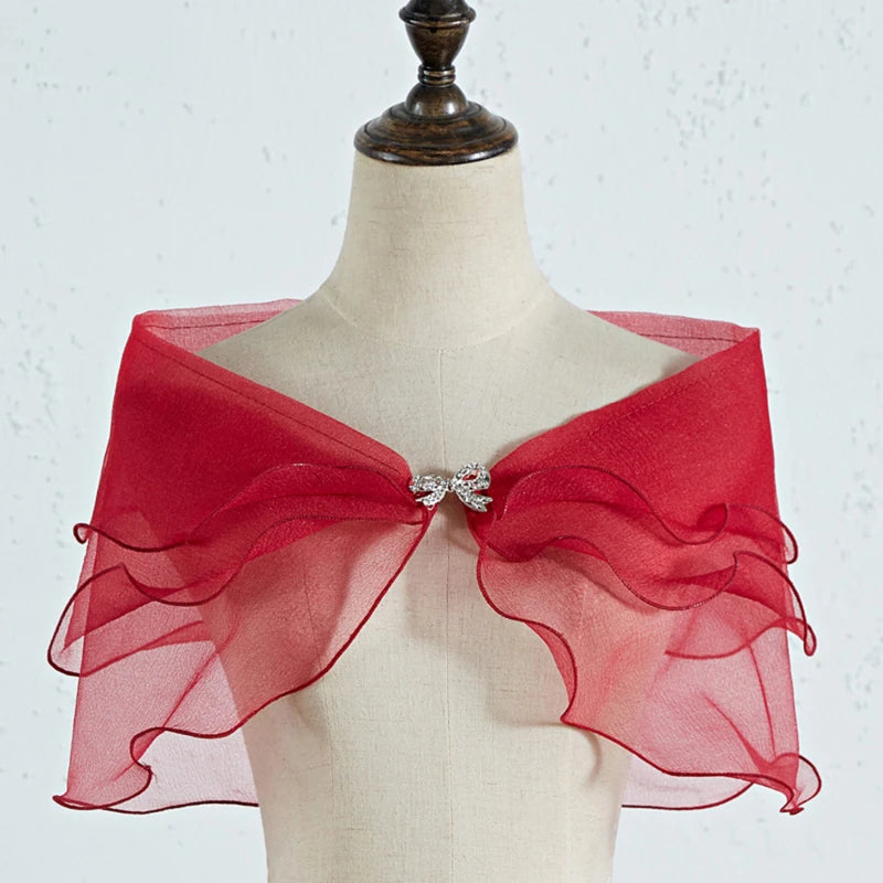 Women Vintage Layered Gauze Shawl Wrap Shrug Rhinestone Buckle Front Wedding Dress Cover Up Sexy Off Shoulder Ruffles Bolero New Peaceful Pleasures Health and Wellness Wine red One Size