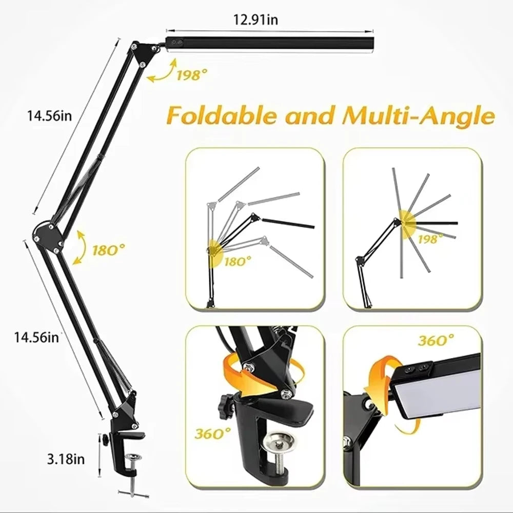 Desk lamp,LED desk lamp with rocker arm,adjustable Angle,10 brightness levels,3 lighting modes,fixture,eye-protecting learning Peaceful Pleasures Health and Wellness black