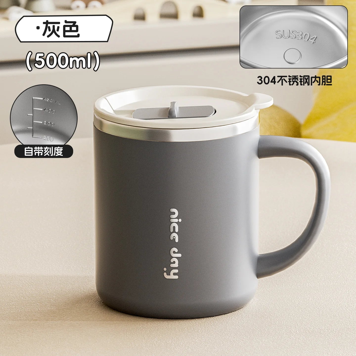 500ML Insulated Stainless Steel Travel Coffee Mug with Handle – Leakproof Tumbler for Office & Outdoors Peaceful Pleasures Health and Wellness Grey 500ML