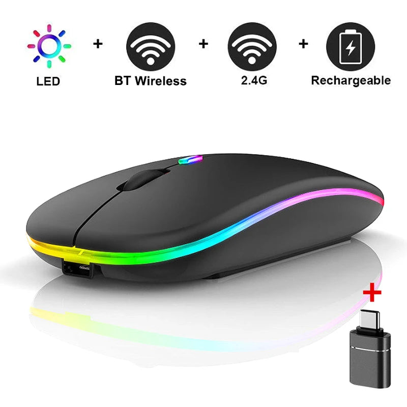 LED Bluetooth-compatible Wireless Mouse 2.4GHz Slim Rechargeable Silent Mice RGB Ergonomic Gaming mouse for Computer Laptop PC Peaceful Pleasures Health and Wellness Black with OTG
