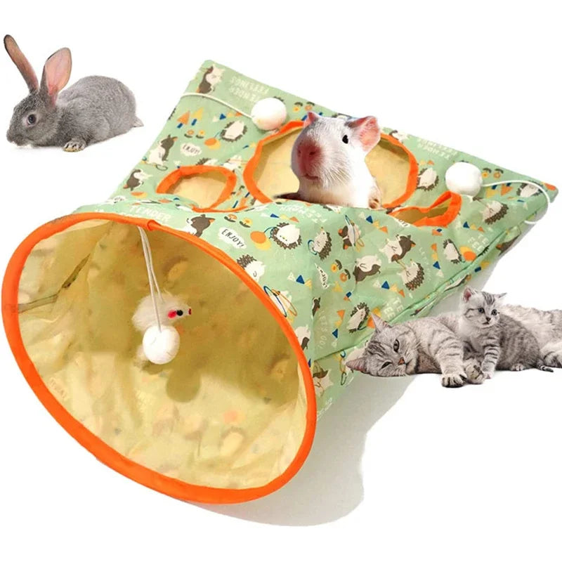 Foldable Cat Tunnel Toy – Crinkle Paper, Plush Balls & Mouse