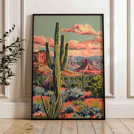 Retro Southwestern Cactus Desert Canvas Wall Art Print Canvas Wall Art Peaceful Pleasures Health and Wellness G5233 21x30cm Wood Framed