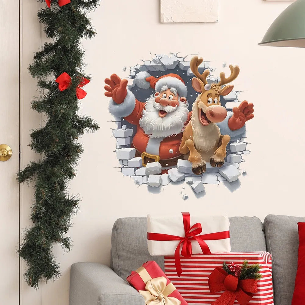 3D Santa & Reindeer Christmas Wall Stickers | Removable PVC