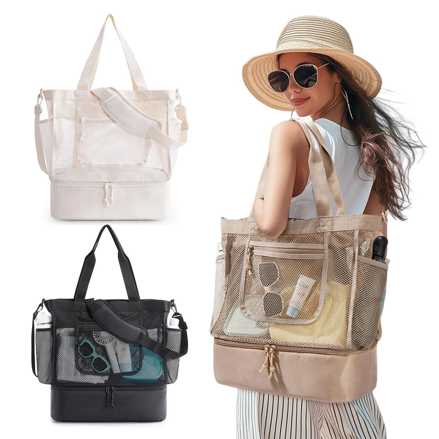 Women's Multi Pocket Beach-Bag With Anti Sand Design Foldable Lightweight Zipper For Travel Peaceful Pleasures Health and Wellness