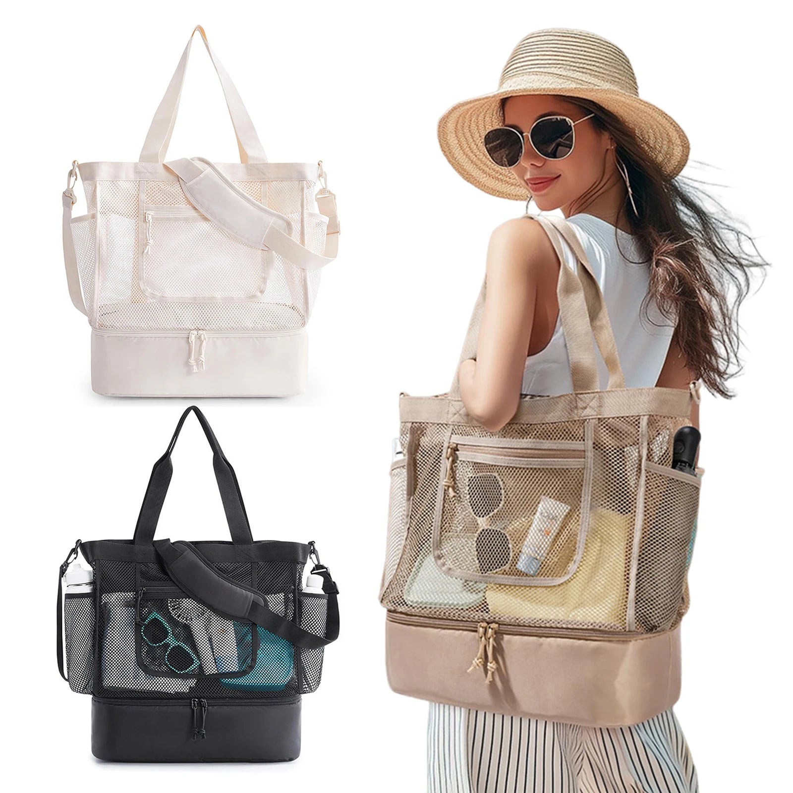 Women's Multi Pocket Beach-Bag With Anti Sand Design Foldable Lightweight Zipper For Travel Peaceful Pleasures Health and Wellness