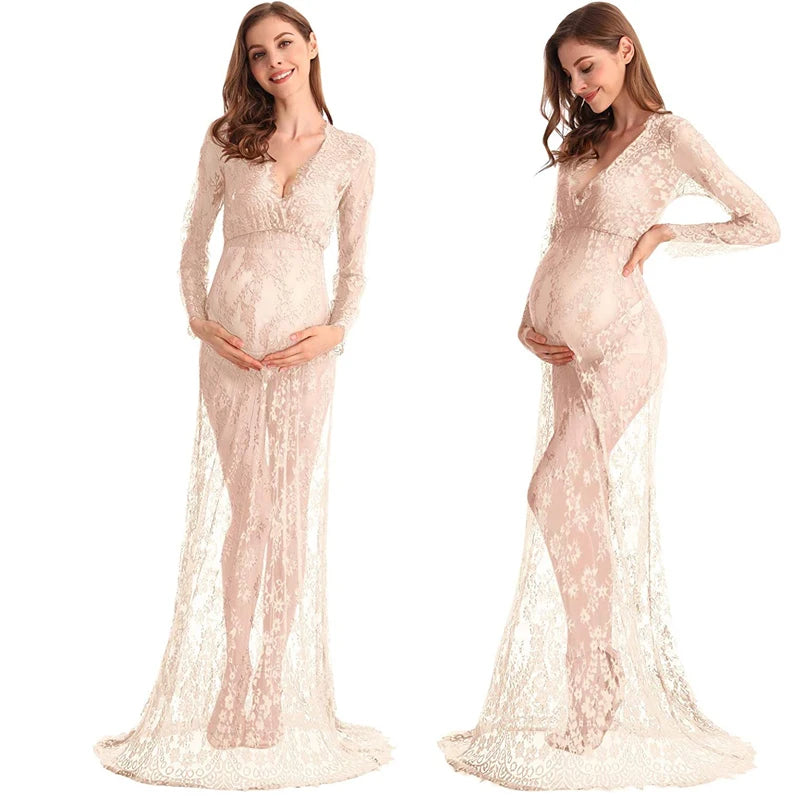 Sexy Deep V-Neck Long Sleeve Lace Beach See-Through Maternity Maxi Dress Douche de bébé Photographie de vêtements de maternité Peaceful Pleasures Health and Wellness apricot M China Mainland