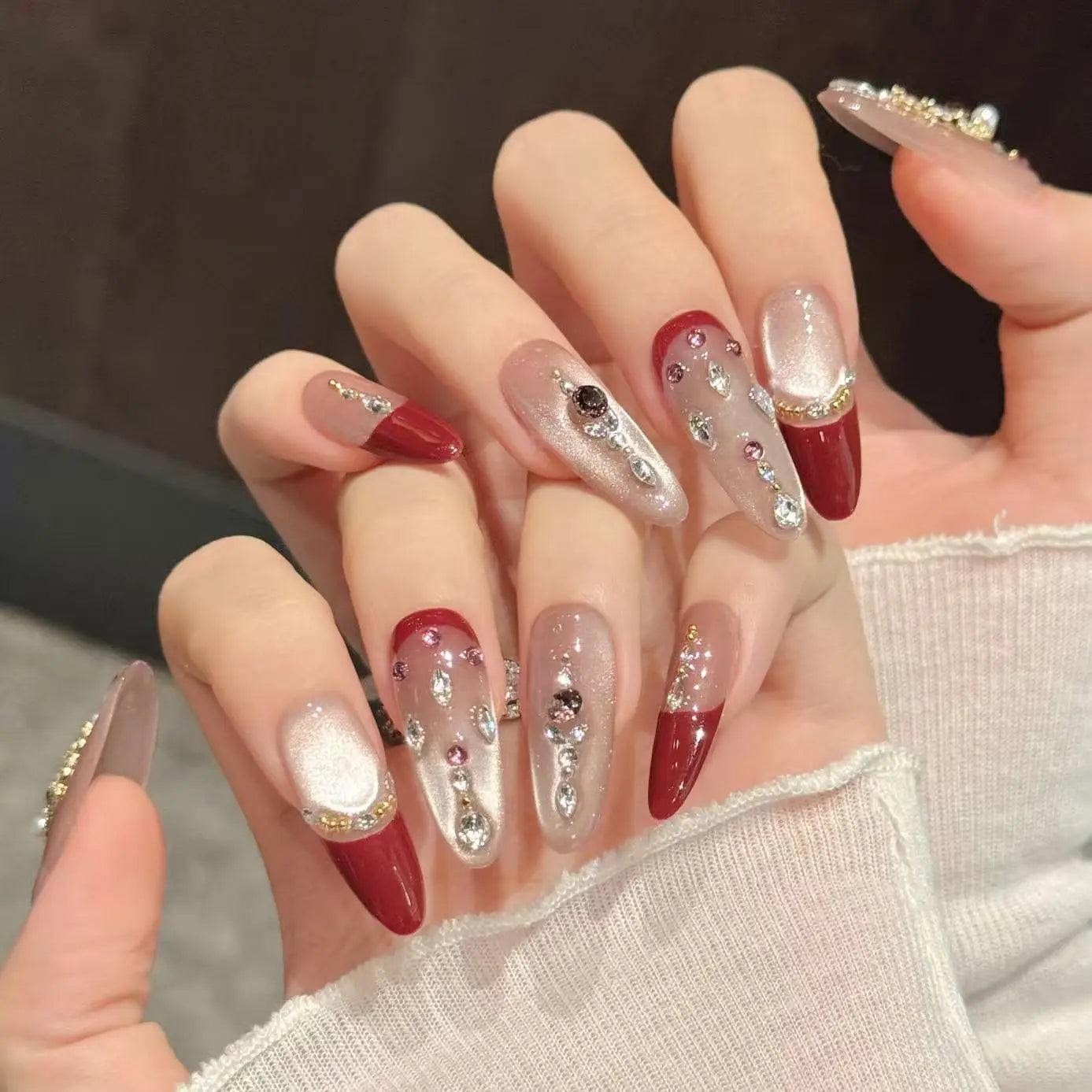 Wine Red French Press On Nails | Cat's Eye Diamond Almond 10pc