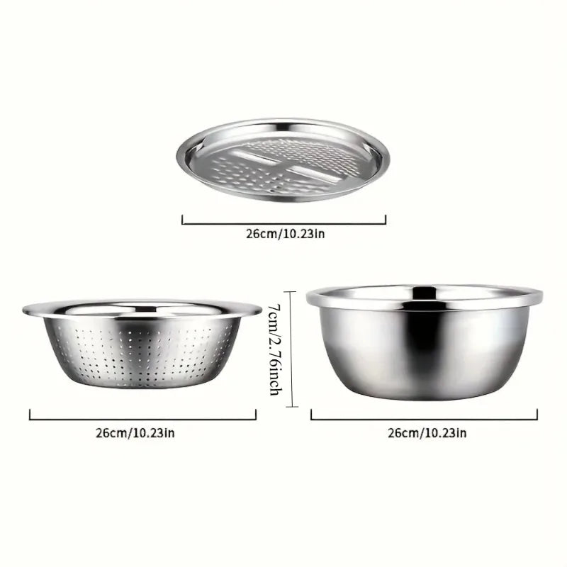 3-Piece Stainless Steel Multifunctional Strainer and Mixing Bowl for Washing and Slicing Fruits Vegetables Essential for Kitchen Peaceful Pleasures Health and Wellness
