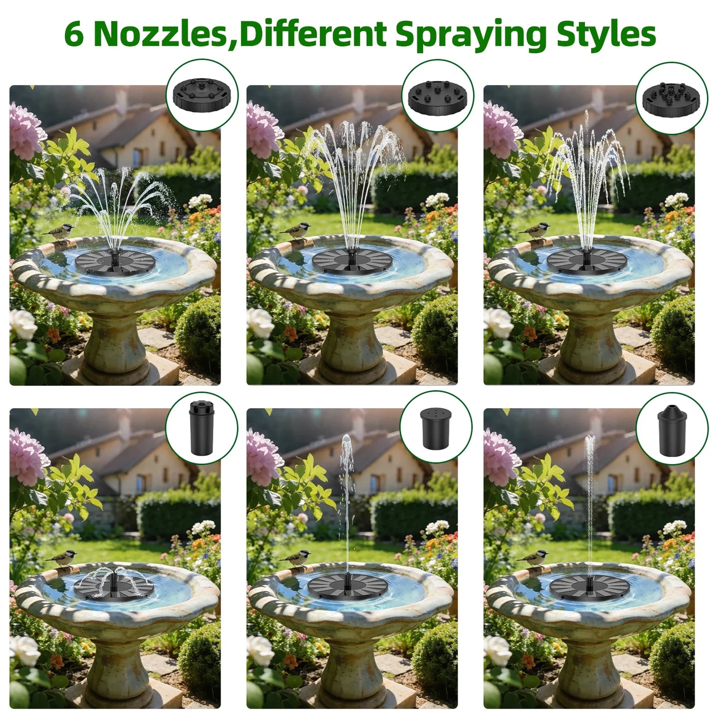 1.4W Solar Bird Bath Fountain Pump – 6 Nozzles & Crash Bars