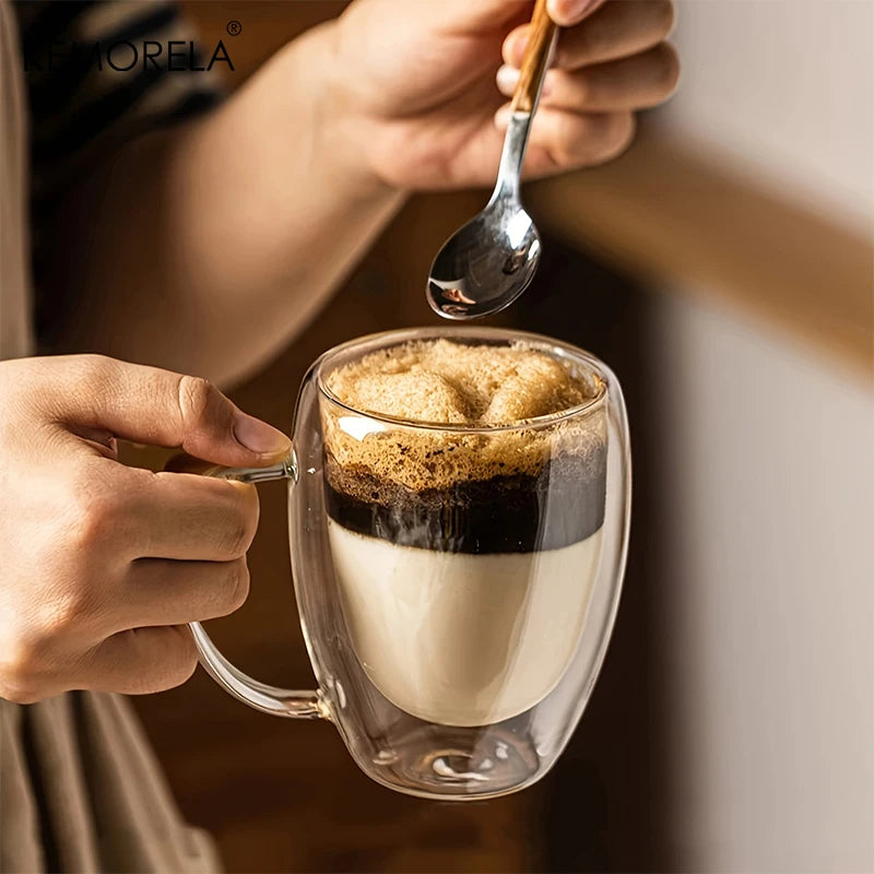 KEMORELA 350ml Double Wall Glass Coffee Mugs with Handle | 2/4/6 Pack