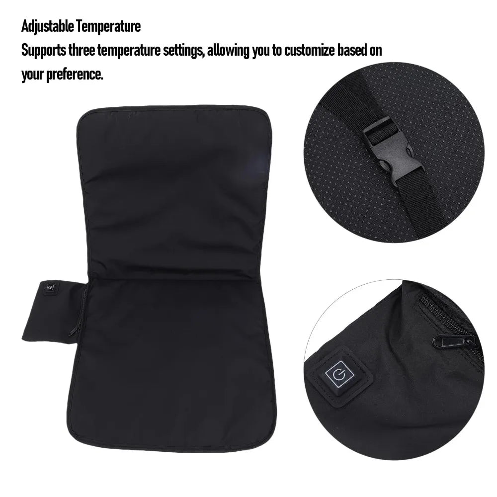 Heated Seat Cushion Black USB Pad 3 Heat Settings Outdoor Camping